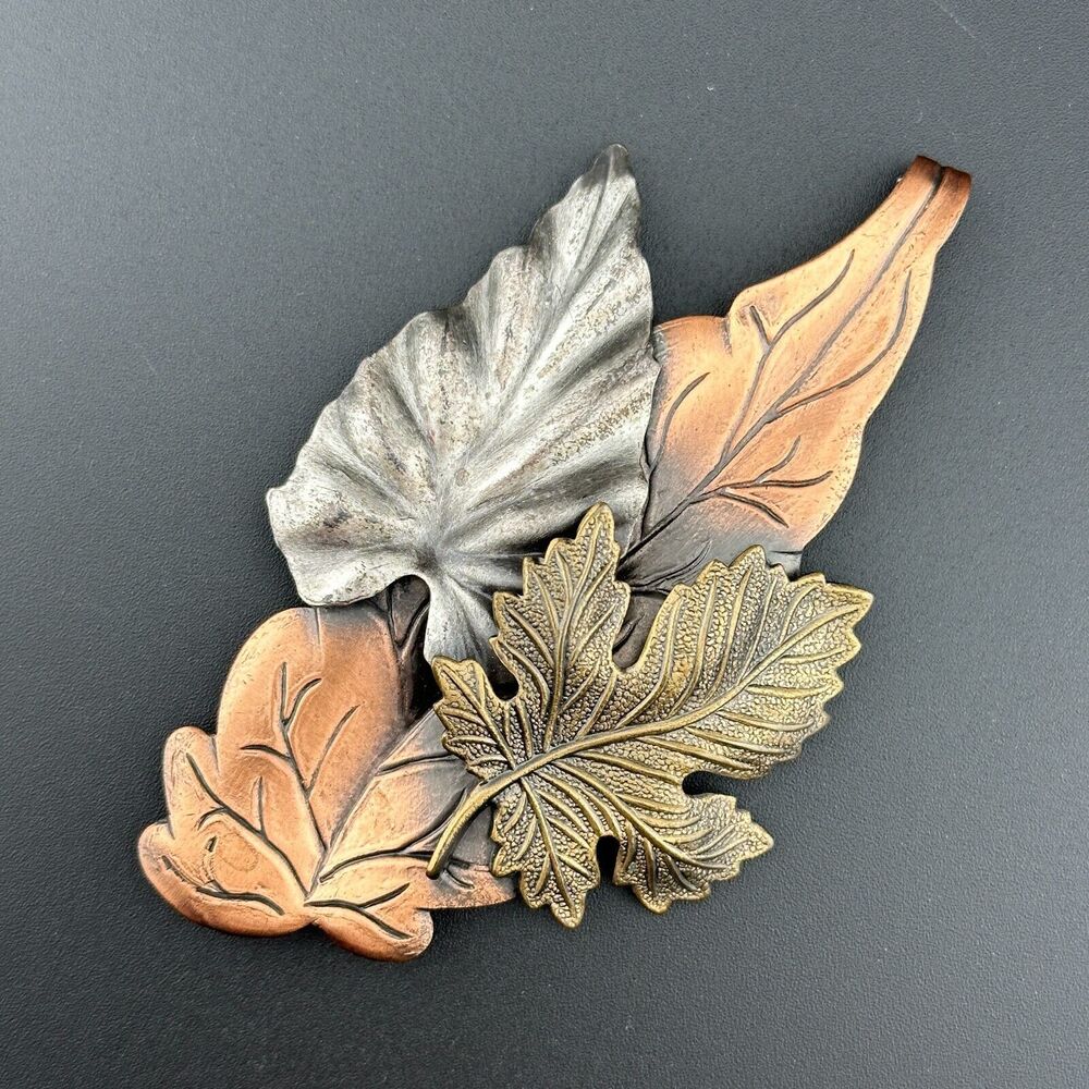 Vintage Layered Leaves Brooch Pin Copper Silver Gold Tone Mixed Metal Fall 3.75"